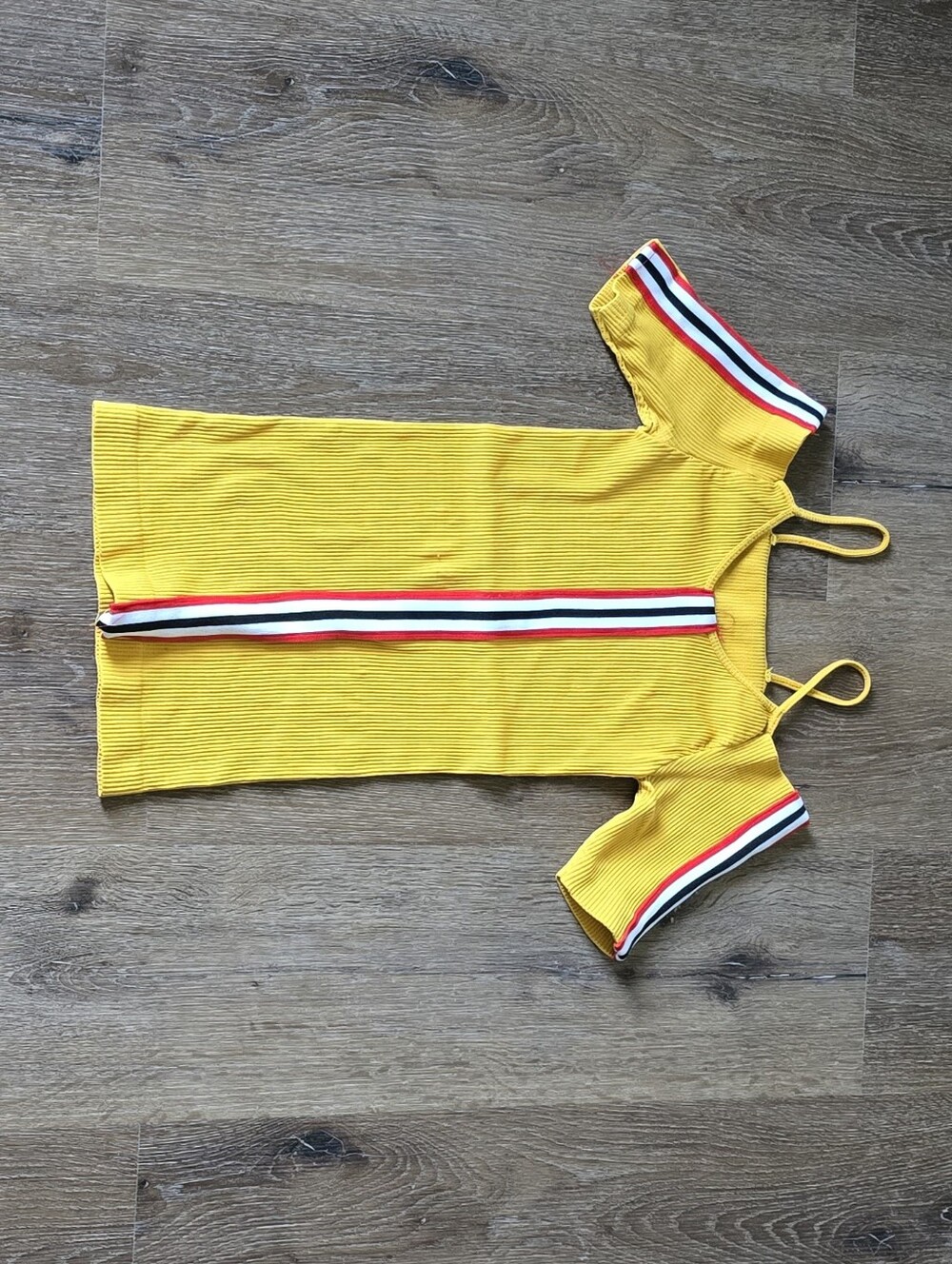 Yellow Cold-Shoulder Elastic Ribbed Top with Red-White-Blue Stripe